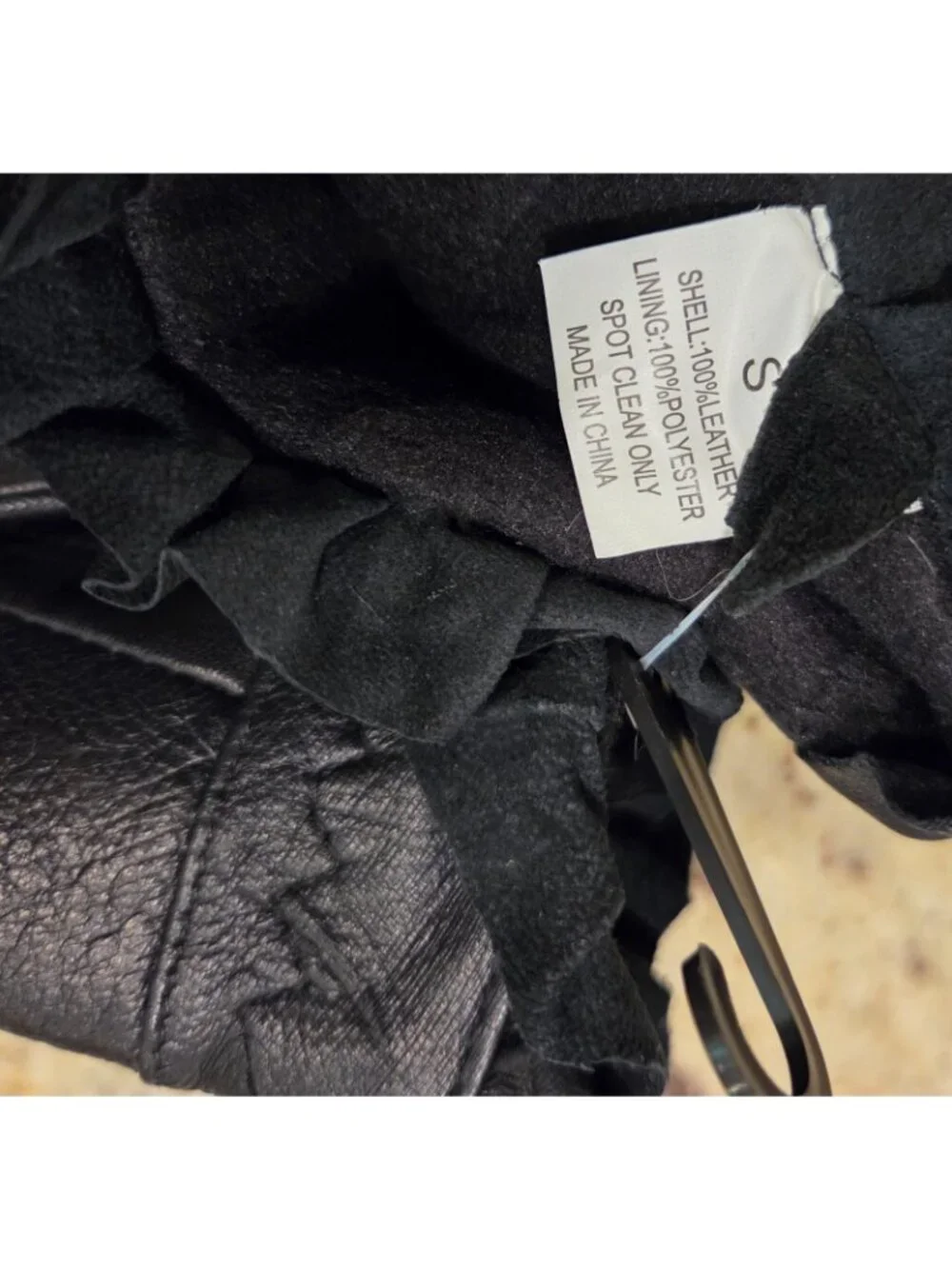 New! Women's Size S Black Leather Fleece Lined Gloves Ruffle Edge